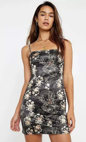 Urban‎ Outfitters Mini Dress Womens Medium Black Dragon Floral Satin Bodycon Y2K thumbnail 1