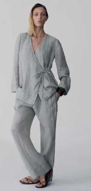 NWOT Zara 100% Linen Kimono Co Ord Matching Set Flowing Trousers wrap top gauze sz M thumbnail 1