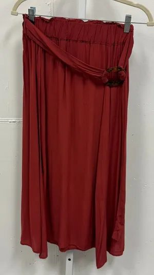 Blue Life Rust Red O-Ring Belted Midi Skirt Paperbag‎ Waist High Slit Flowy Boho thumbnail 1