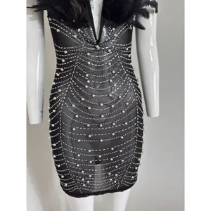 Beaded Pearl Sheer Feather Bust Dress Size Small Stretchy Bodycon Night Out thumbnail 7