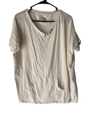 Ruff Hewn Shirt Womens Large White‎ Short Sleeve Button V Neck Pocket Casual Top thumbnail 1