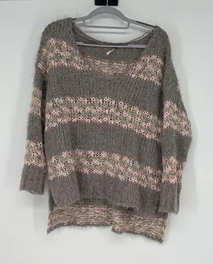 FP Pink Gray‎ Linus Striped Eyelash Wool Blend Sweater Size S Oversized Boho thumbnail 1