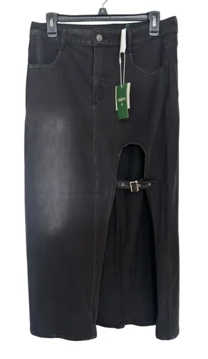 NWT Halara Black Flex Denim Maxi Skirt Buckle Slit L Utility Goth Grunge thumbnail 1