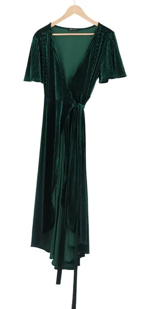 Simplee Dark Green Ribbed Velvet Wrap Dress Short Flutter Sleeve Midi Green M thumbnail 1