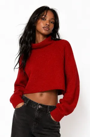 Urban Outfitters Cropped Turtleneck Marl Knit Sweater Red Modern Edgy Size S thumbnail 1