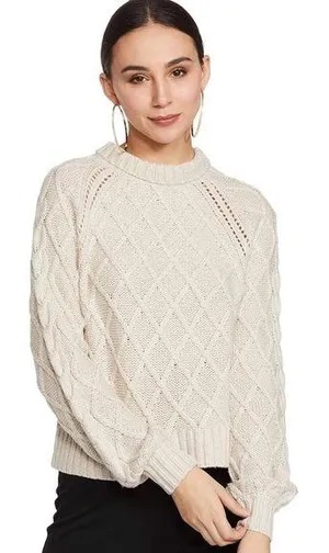 American Eagle Cable Knit Long Sleeve Cropped Sweater, Tan/Beige, Size S, EUC thumbnail 1