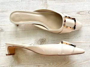 Ann Taylor Tortoiseshell Buckle Patent Leather Mule Kitten Heel Pumps | Nude 8.5 thumbnail 7