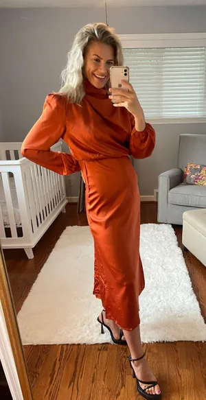 Satin Wedding Guest Dress Orange thumbnail 1