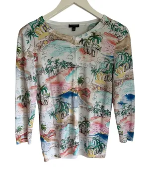 Talbots Petite Tropical Scenic Print Cardigan Sweater SP Coastal Resort thumbnail 1