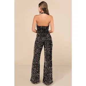 NWT Lulus Mesmerizing Diva Black Sequin Wide-Leg Halter Jumpsuit Party Size XS thumbnail 3