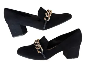 Nine West Black Block Heel Loafers Gold Chain Accent Women’s Dress Shoes Classic thumbnail 1