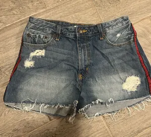 Abercrombie & Fitch Blue Distressed Denim Shorts w/ Red Side Stripe -size 10 W30 thumbnail 1
