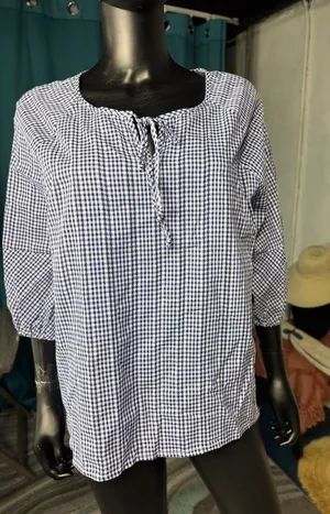 Leo & Nicole Blue‎ Gingham Cotton Blouse 3/4 Puff Sleeve Tie Neck Top Xl NEW thumbnail 1