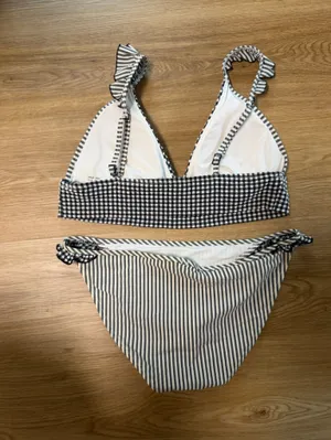 aerie Black & White Gingham Bikini Set with Striped Bottoms thumbnail 2