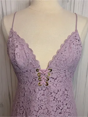 VINTAGE VICTORIA’S SECRET Lavender‎ Lace Mini Bodycon Dress, Medium thumbnail 2