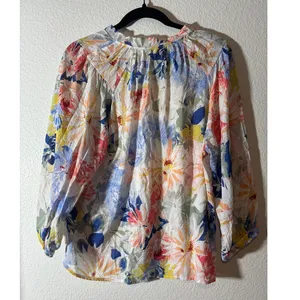 Vince Camuto Size M Pastel Multicolor Floral Split Tie-Neck Long Sleeve Top thumbnail 2