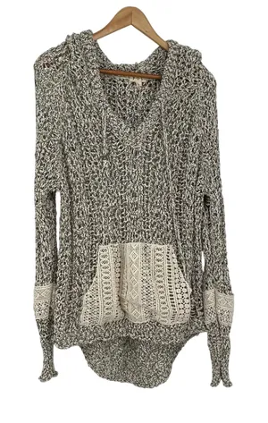 POL Hooded‎ Open Knit Lace Kangaroo Pocket Cuff Long Sleeve Pullover Size L thumbnail 1