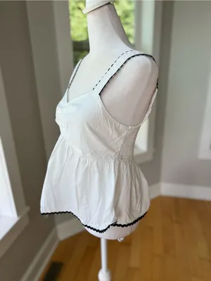 Japna White Cotton Peplum Tank Top with Black Trim Sz Medium thumbnail 2