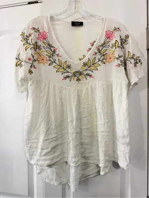 VICI White V-Neck Embroidered Boho Top with Pink & Yellow Floral thumbnail 1