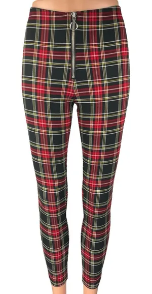 Zara Women's Red Plaid Checkered Zipper Front Skinny High Rise Legging Pants S thumbnail 1