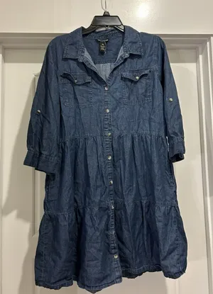 Denim Chambray Button Front tiered Shirt Dress Blue Petite XL Modest Teacher thumbnail 1