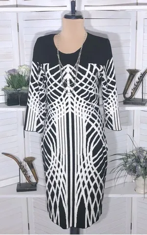 Y2K Black White Sweater Dress Avant Garde 3/4 sleeves artsy whimsi futuristic M thumbnail 1