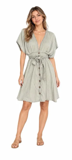 Quince - Tencel Lyocell Button Front Tie Waist Dress Sage Green Sz S thumbnail 1