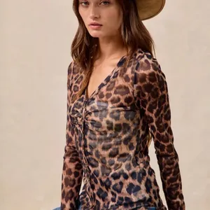 BiBi Leopard Printed Mesh‎ Shirt With Button Up V Neck Size XL thumbnail 5