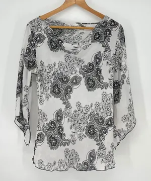 Vintage Black White Paisley Print 3/4 Bell‎ Sleeve Size M Y2K Whimsigoth Fairy thumbnail 1