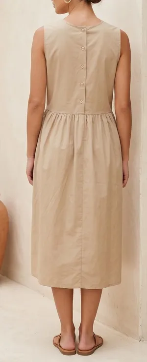 Korean Fashion Steady Seller‎ Beige Button Back Midi Dress Sleeveless Pocket thumbnail 1