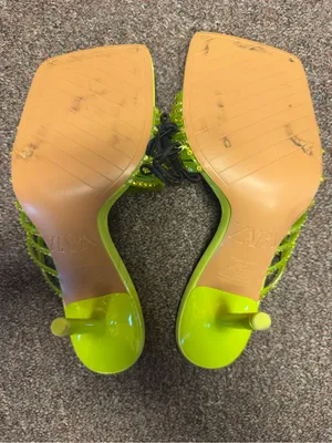 ZARA Neon Lime Green Vinyl Rhinestone Strappy High Heel Sandals Mules 6.5 EUC thumbnail 4