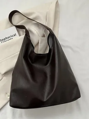 Minimalist Dark Brown faux Leather large Shoulder tote Bag thumbnail 1