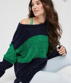 Offline by aerie Navy Blue & Green Long Sleeve Crewneck Chenille‎ Sweater Sz L thumbnail 1