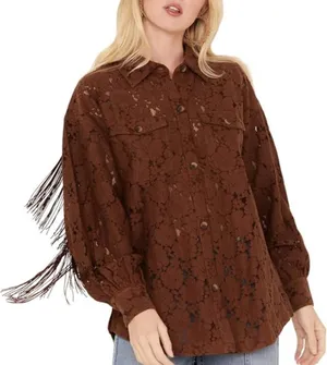 Shyanne Chocolate Lace Button-Down fringe shacket thumbnail 1