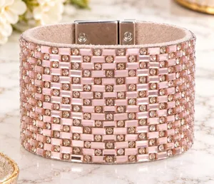 8” Wide Cuff Pink Gemstone Leather Bracelet thumbnail 1