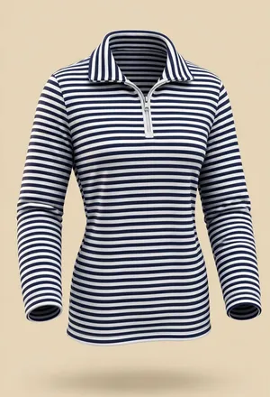 LOHLA Sport Womens Pullover Top Medium Navy White Striped 1/4 Zip Mock Neck thumbnail 1