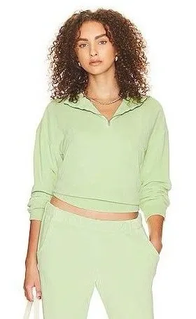 MONROW Terry Cloth Half Zip in Lettuce Size XS Green thumbnail 1