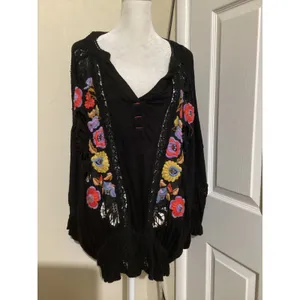 Free People Serafina Black Embroidered Lace Crochet Boho Festival Blouse Top M thumbnail 2