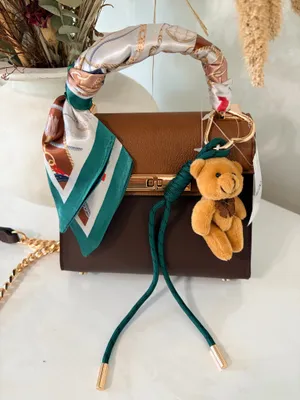ALDO Brown Top Handle Satchel Handbag Scarf Charm Gold Chain Preppy Chic Quiet Luxury thumbnail 1