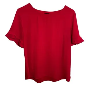 Ann Taylor Women's Size Medium‎ Blouse Red Pink Short Ruffle Sleeve Boatneck thumbnail 1