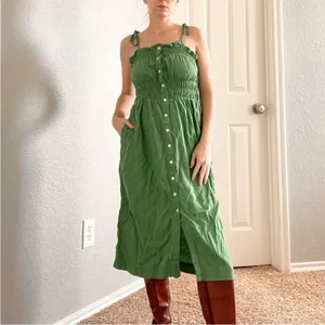 Universal Thread Green Button-Front Linen Smocked Sundress thumbnail 4