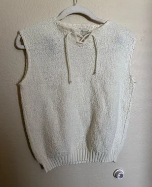 Vintage 70s Sleeveless Knit Top Sz Small Tie‎ Up Cream thumbnail 1