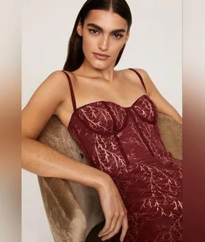 Rtr sz0 Katie May Venus Jumpsuit red wine lace gold shimmer metallic skinny 1 PC thumbnail 1