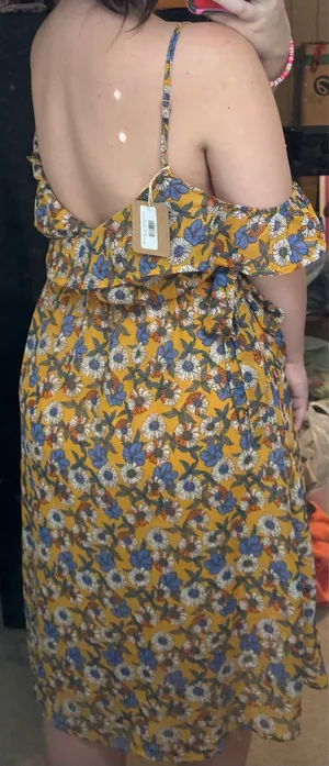 Love floral path mustard dress ruffle neck faux wrap dress 92534563 from glitzy girlz boutique NWT thumbnail 3