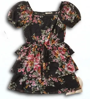 Floral Tiered Mini Dress Black Puff Sleeve Square Neck Ruffle Chiffon Summer thumbnail 1
