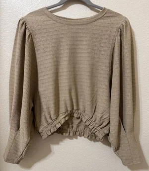 Glam Women's Taupe Waffle Knit Long Sleeve Top size M thumbnail 1
