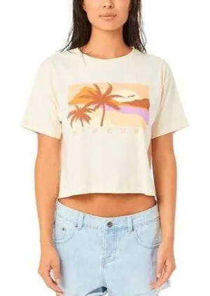Rip Curl Sunset Golden Hour Palm Tree Scoop Neck Baby Tee Cropped T-Shirt M thumbnail 1