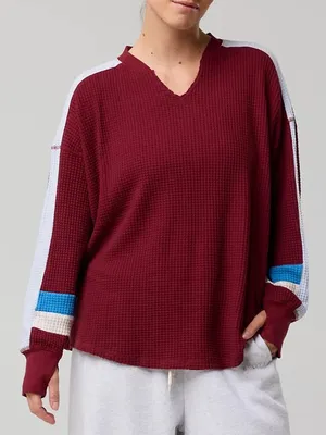 Offline by Aerie Waffle Knit Top XS Red‎ V-Neck Long Sleeve Colorblock Oversized thumbnail 1