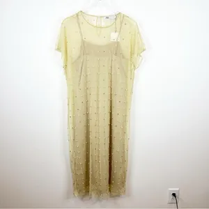 NWT ZARA Sheer Mesh Pearl Embellished Midi Dress Women's Size XS/S Tan‎ thumbnail 2