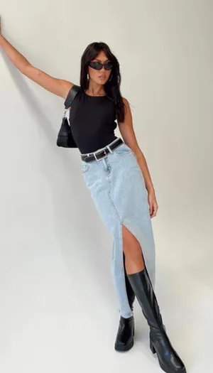 Princess Polly Maxi Denim Skirt Slit thumbnail 1